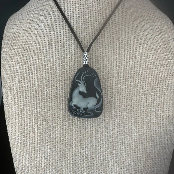 Tai Chi Stone Deer Pendant Necklace, Sterling Silver Accent on Adjustable Rope - Picture 5 of 9